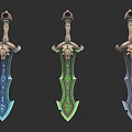 Three Decorative Swords With Skull Handles And Different Colorful Glowing Blades