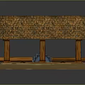Cartoon Style Wooden Shed With Brown Tiled Roof Wooden Pillars Logs And Black Hedgehog