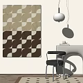 Geometric Wall Art Featuring Beige Brown White Patterns Black Bar Stool And Spherical Pendant Light 3d model