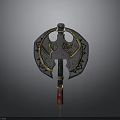 Mythical Fantasy Weapon Featuring Ornate Metal Head Gold Silver Engravings And Red Handle Design