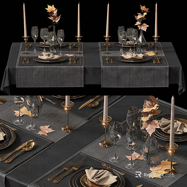 Elegant Tableware Set with Golden Cutlery Wine Glasses Maple Leaves And Candles For Dining Table 3d model 