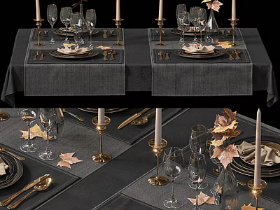 Elegant Tableware Set with Golden Cutlery Wine Glasses Maple Leaves And Candles For Dining Table 3d model