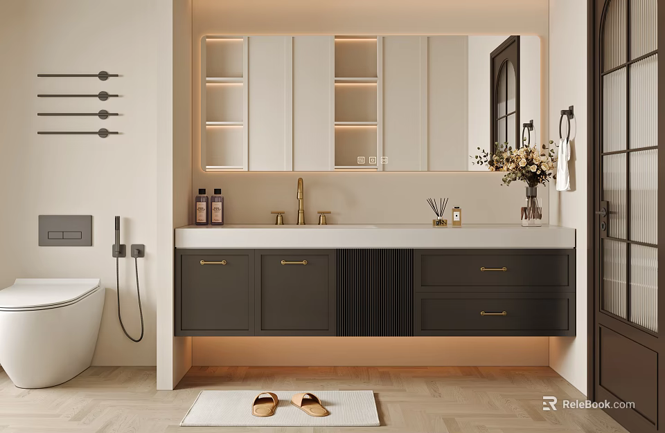 Modern Bathroom Interior Design With Backlit Mirror Gray Vanity Gold Handles Bathtub and Vase Decor 3d model 