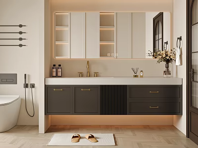 Modern Bathroom Interior Design With Backlit Mirror Gray Vanity Gold Handles Bathtub and Vase Decor 3d model