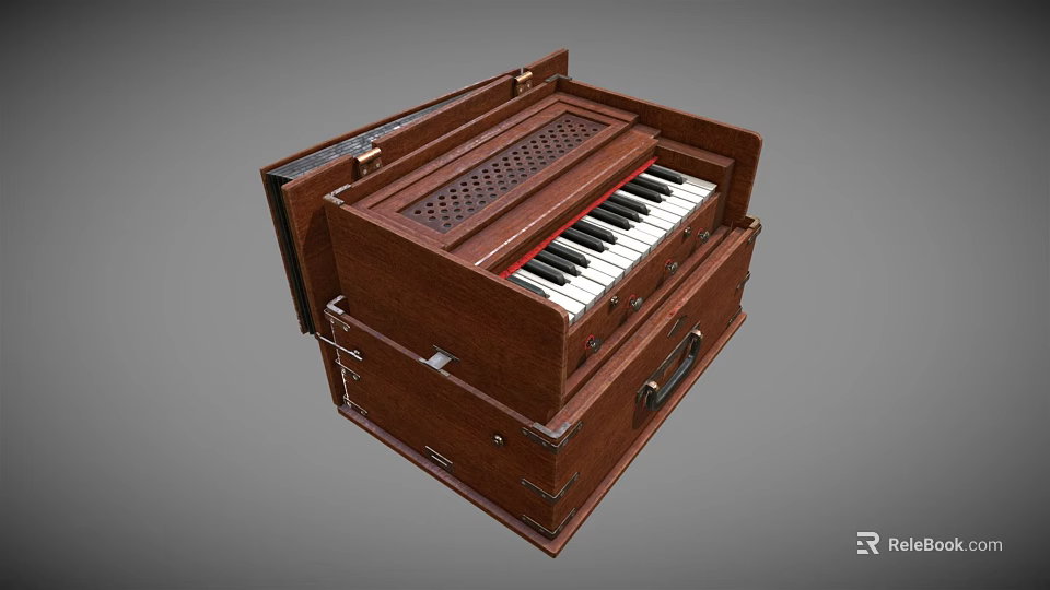 Vintage Brown Wooden Harmonium Musical Instrument With Keyboard And Carrying Case Design 3d model 