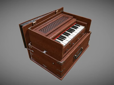 Vintage Brown Wooden Harmonium Musical Instrument With Keyboard And Carrying Case Design 3d model