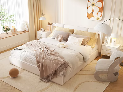 Elegant Modern Double Bed Bedroom Interior With White Bedding Pillows And Nightstand Lamps 3d model