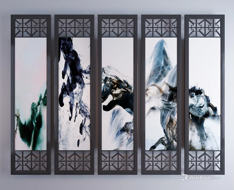 Five Panel Room Dividers With Openwork Pattern Frames And Chinese Ink Landscape Abstract Ink Designs 3d model