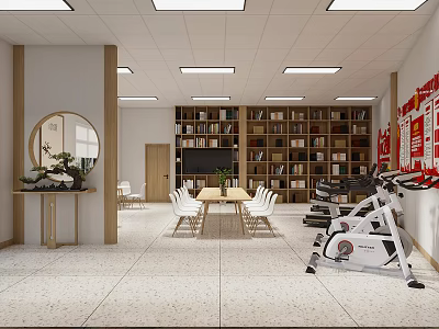 Multi Functional Indoor Space With Bookshelves Round Mirror Green Plants Exercise Equipment Tables And Chairs 3d model