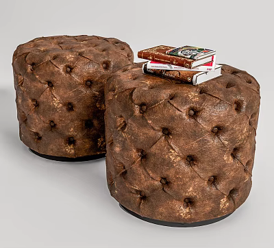 Brown Round Tufted Leather Ottoman Stools With Stack Of Books And Decorative Design 3d model