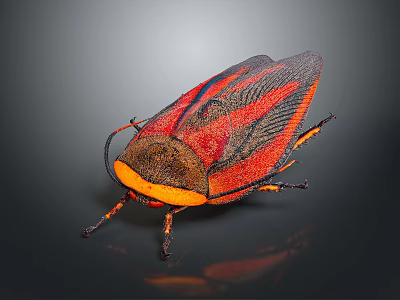 Red and Black Striped Insect With Yellow Head On Dark Surface 3d model