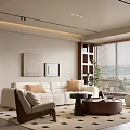 Modern Comfortable Living Room Interior With White Sofa Geometric Rug Wooden Bookshelves And Wall Art