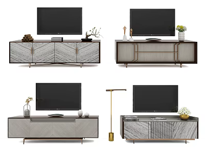 Modern TV Stand with Marble Texture Decorative Plants Vases and Storage Design 3d model