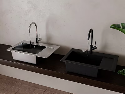 Stylish Double Kitchen Sinks White and Black with Dark Countertop and Light Wall 3d model