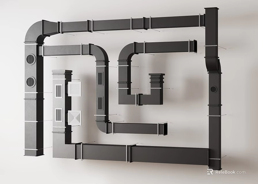 Detailed Modern Industrial Gray Pipe System Layout With Complex Bends And Connections 3d model 