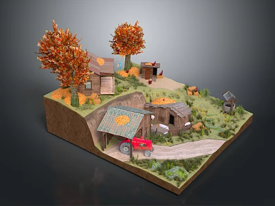 Cartoon Autumn Scene with Orange Leaf Trees Small Wooden Cabin Red Tractor and Winding Path 3d model