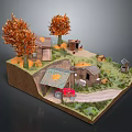 Cartoon Autumn Scene with Orange Leaf Trees Small Wooden Cabin Red Tractor and Winding Path