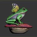 Green Reptile With Colorful Butterfly Wings Sitting On Red Mushroom