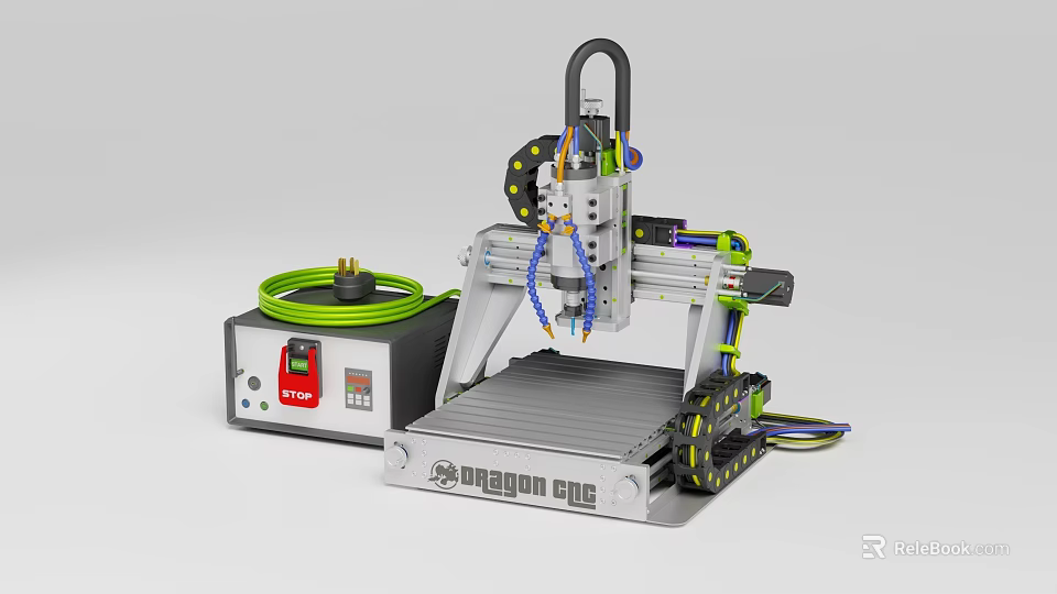 Industrial CNC Engraving Machine With Metal Frame Control Box Green Cable And Rail 3d model 