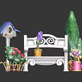 Garden Decor With Blue Birdhouse White Bench Purple Hyacinth Green Tree And Pink Watering Can