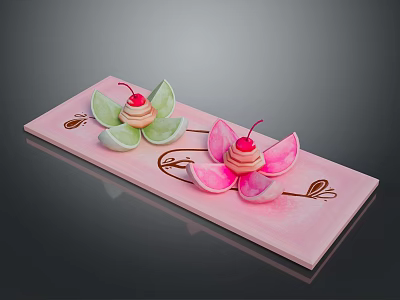 Pink Decorative Tray With Flower Shaped Ornaments Green Pink Petals And Cherry Accents 3d model