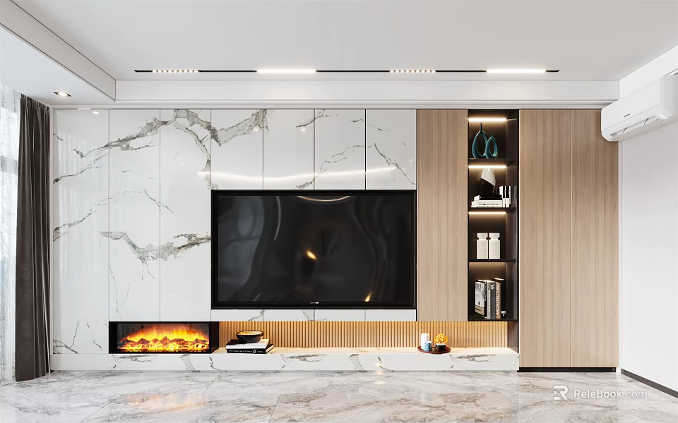 Modern TV Wall Design With Marble Texture Built in TV And Floating Shelves 3d model 