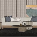 Modern Fabric Sofa Coffee Table Set With Gray Pillows And Woven Wall Panels 3d model