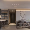 Modern Living And Dining Room Interior With Marble TV Wall Dining Table And Decorative Plants