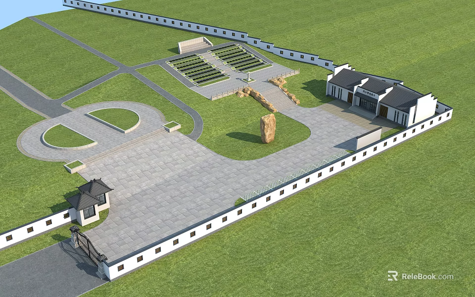 Traditional Chinese Courtyard Layout With Enclosed Walls Green Lawns Stone Paved Square And Monument 3d model 
