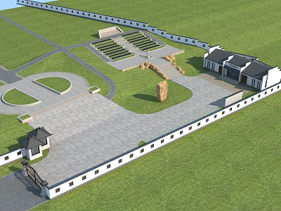 Traditional Chinese Courtyard Layout With Enclosed Walls Green Lawns Stone Paved Square And Monument 3d model