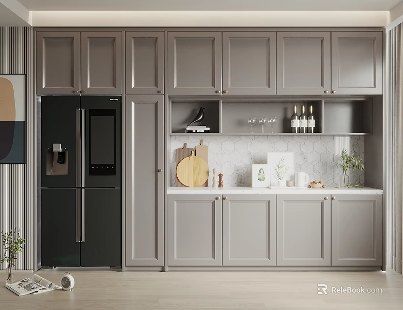 Stylish Modern Open Kitchen Sideboard With Functional Cabinets And Decorative Countertop 3d model