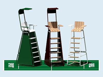 Three Different Colored Outdoor Chairs With Ladder And Canopy Structure 3d model