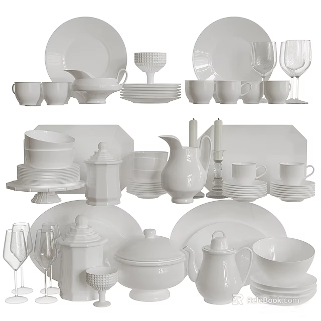 Elegant White Dinnerware Set Including Plates Cups Bowls Pitchers Glasses And Candle Holders 3d model 