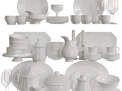 Elegant White Dinnerware Set Including Plates Cups Bowls Pitchers Glasses And Candle Holders 3d model