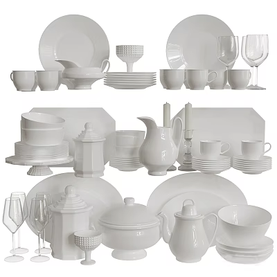 Elegant White Dinnerware Set Including Plates Cups Bowls Pitchers Glasses And Candle Holders 3d model