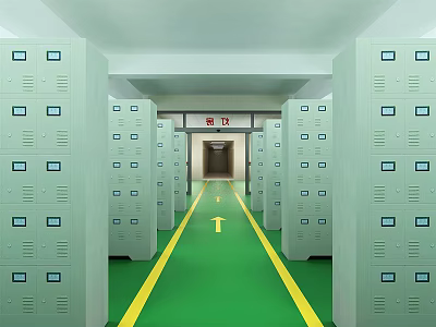 Storage Locker Room With Green Floor Yellow Arrow And Exit Sign 3d model