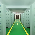 Storage Locker Room With Green Floor Yellow Arrow And Exit Sign