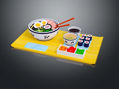 Japanese Ramen And Sushi Meal With Chopsticks Sauce And Side Dishes On Yellow Tray 3d model