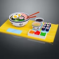 Japanese Ramen And Sushi Meal With Chopsticks Sauce And Side Dishes On Yellow Tray