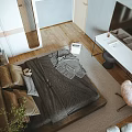 Modern Bedroom Interior With Bed Gray Blanket Round Green Decorative Painting And Wooden Floor