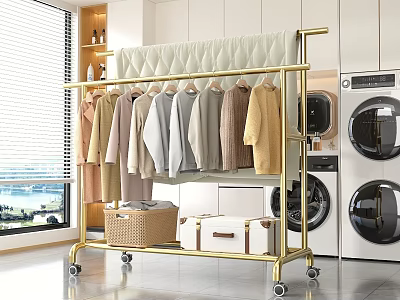 Gold Metal Rolling Clothes Rack With Quilted Top And Hanging Clothes In Laundry Room 3d model