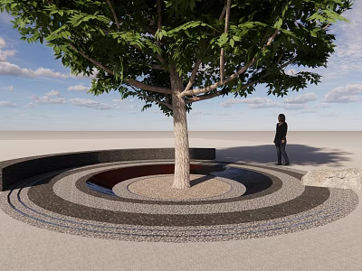 Circular Tree Pit Design Featuring Tree Trunk Layered Paving Stones And Person Standing Nearby 3d model