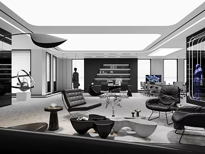 Modern Office Interior With Open Space Black White Color Scheme Sofas Coffee Tables And Bookshelf 3d model