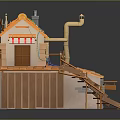 Miniature House 3D Model With Orange Roof Wooden Stairs Striped Awning And Chimney
