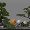 Karesansui Zen Garden With Bonsai Pine Trees Stones Gravel Moss And Moon Orbs