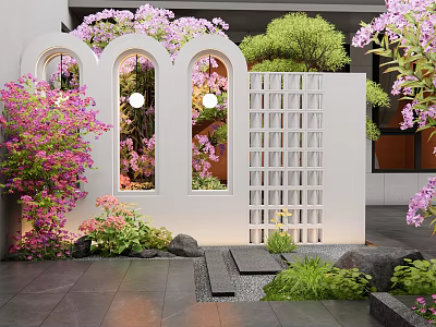White Arched Scenic Garden Wall With Purple Flowers Green Plants And Stone Path 3d model