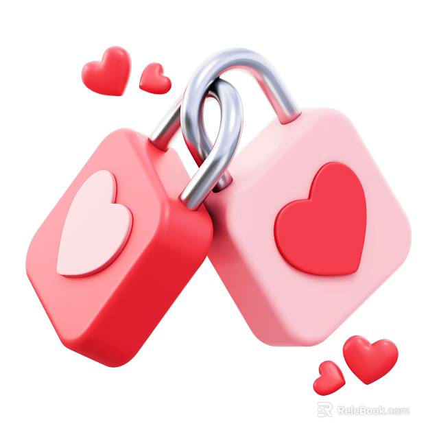 Red And Pink Decorative Ornament Set With Heart Pattern Locks And Small Hearts 3d model 