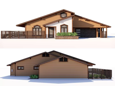 Brown Roof Detached House Exterior With White Accents Windows Fence And Green Plants 3d model