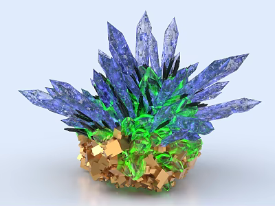 Natural Stone and Wood Design With Blue Crystal Structure Green Accents And Golden Base 3d model