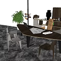 Modern Wooden Office Desk With Laptop Blueprints Chairs And Potted Plant